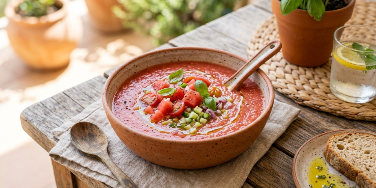 Gaspacho frais à la tomate et pastèque sans gluten et sans œuf