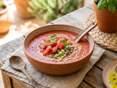 Gaspacho frais à la tomate et pastèque sans gluten et sans œuf