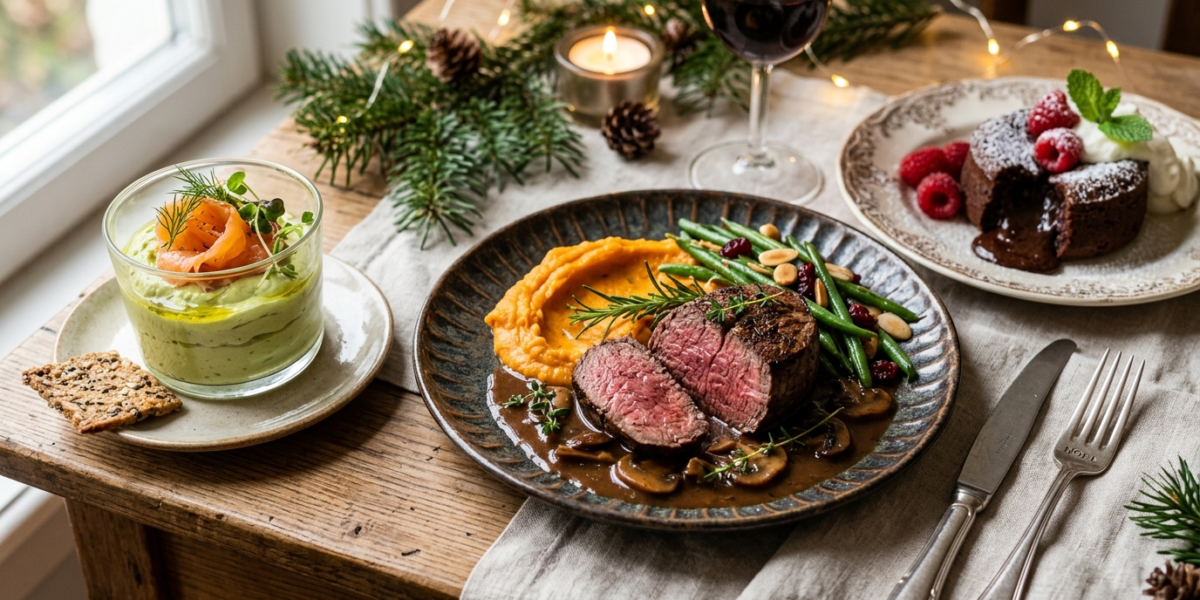 Menu de Noël complet sans gluten : Entrée, Plat et Dessert