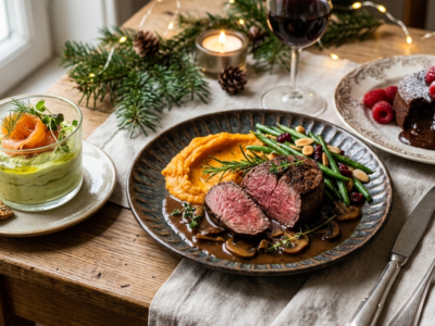 Menu de Noël complet sans gluten : Entrée, Plat et Dessert