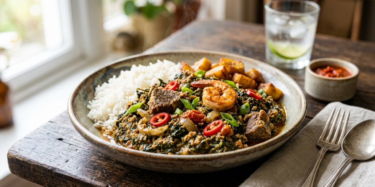 Ndolé sans gluten : plat camerounais traditionnel à base de feuilles amères et viande