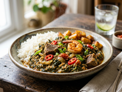 Ndolé sans gluten : plat camerounais traditionnel à base de feuilles amères et viande