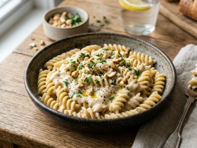 Pâtes vegan sans gluten à la sauce crémeuse aux noix de cajou