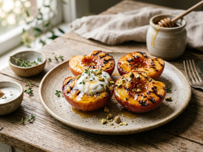 Pêches grillées au miel sans gluten et sans lactose
