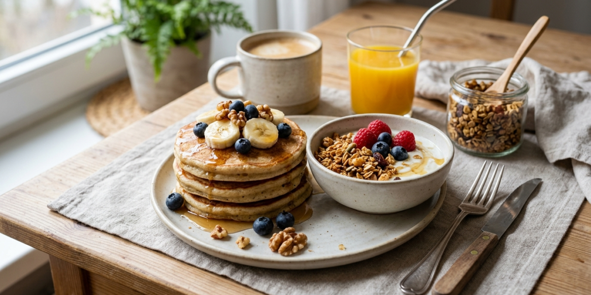 Petit déjeuner vegan sans gluten : pancakes à la banane et granola maison
