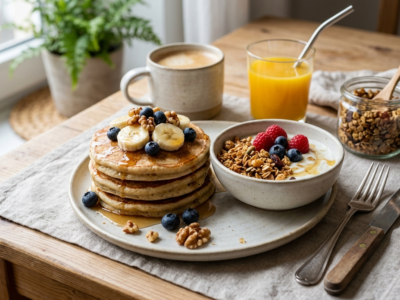 Petit déjeuner vegan sans gluten : pancakes à la banane et granola maison