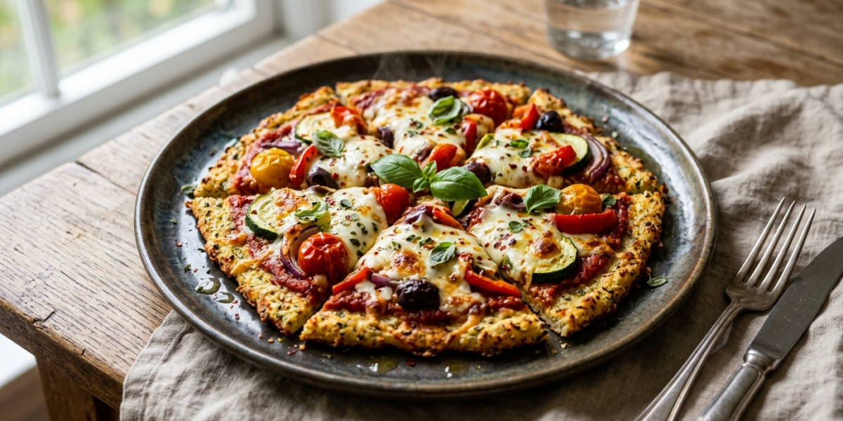 Pizza Keto sans œuf à base de pâte au chou-fleur