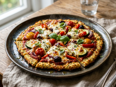 Pizza Keto sans œuf à base de pâte au chou-fleur