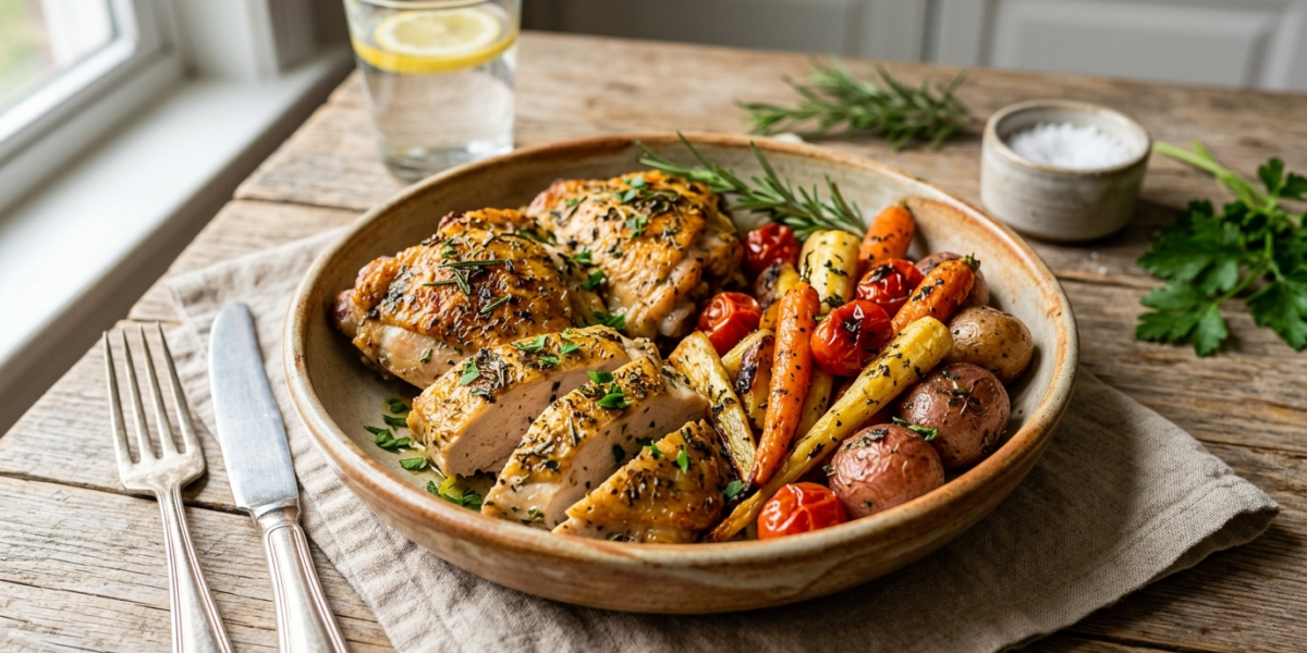 Poulet Low FODMAP sans gluten aux herbes et légumes rôtis