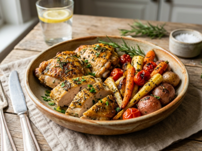 Poulet Low FODMAP sans gluten aux herbes et légumes rôtis
