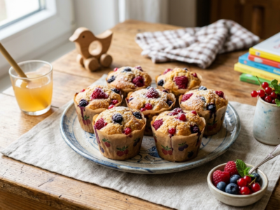 Recette de goûter enfant sans arachides et sans soja : muffins aux fruits rouges
