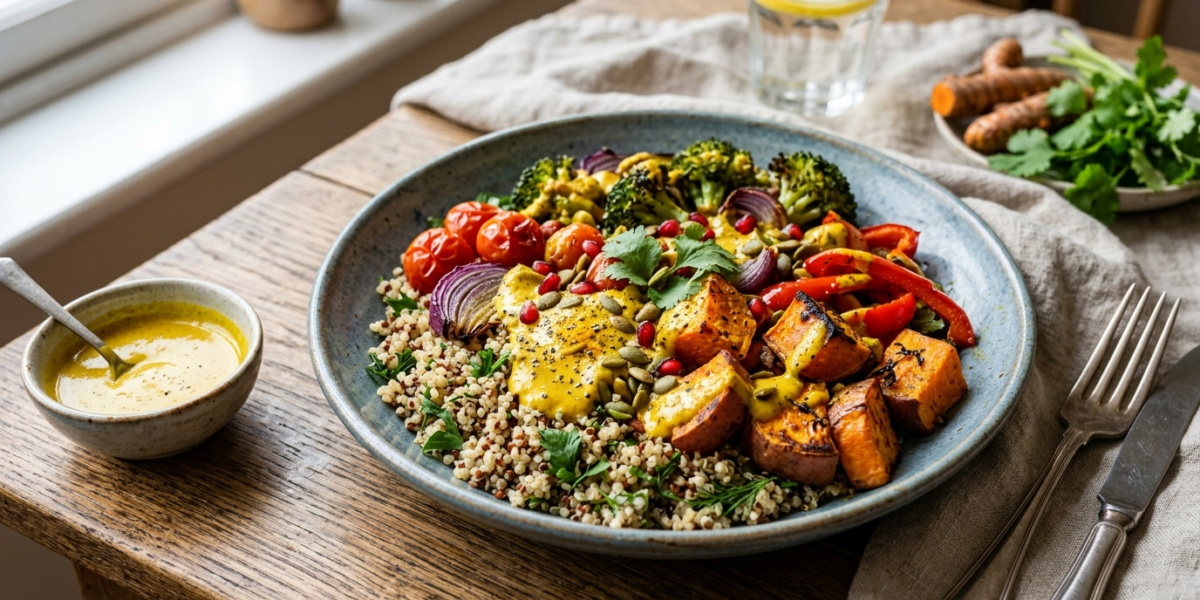 Repas anti-inflammatoire sans œuf : salade de quinoa, légumes rôtis et sauce au curcuma