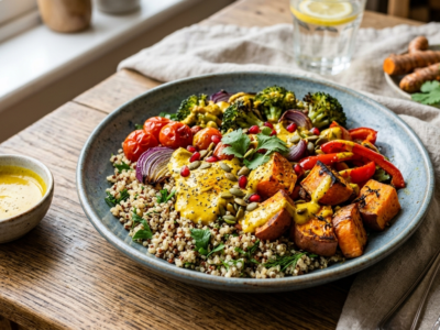 Repas anti-inflammatoire sans œuf : salade de quinoa, légumes rôtis et sauce au curcuma