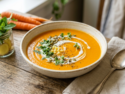 Soupe froide de carotte au gingembre sans gluten et sans lactose