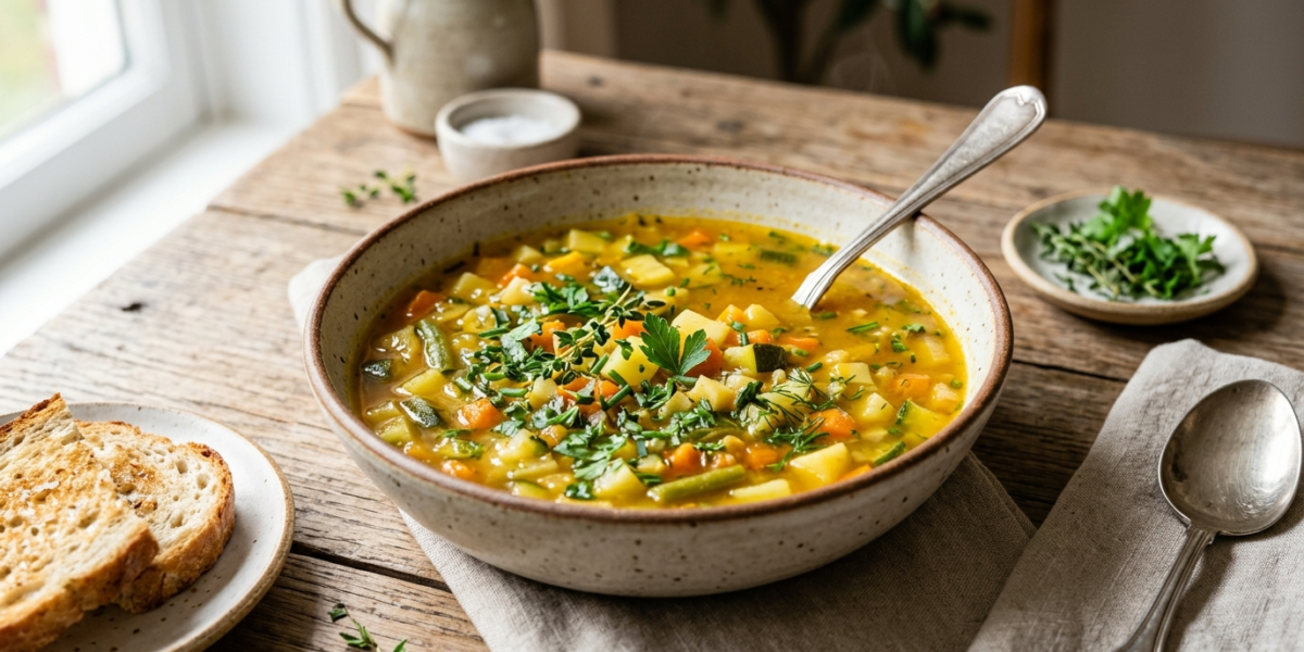 Soupe Low FODMAP sans Gluten aux Légumes et Herbes Fraîches