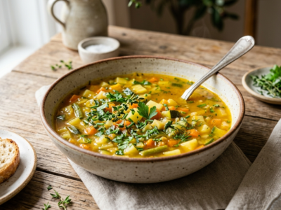 Soupe Low FODMAP sans Gluten aux Légumes et Herbes Fraîches