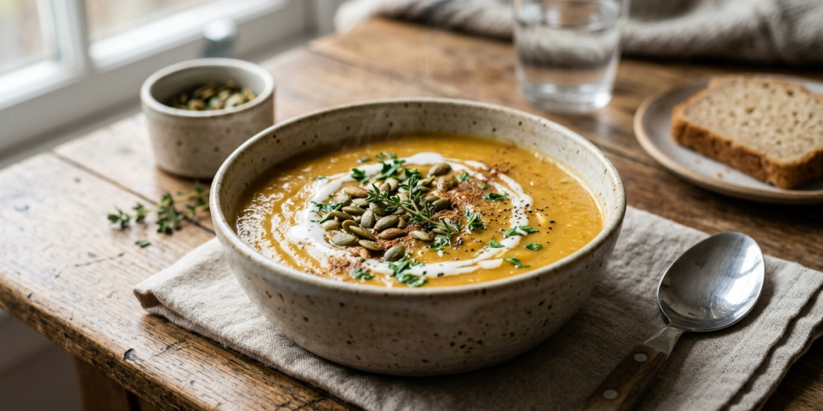 Soupe vegan sans gluten hivernale aux légumes racines et épices douces