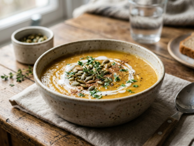 Soupe vegan sans gluten hivernale aux légumes racines et épices douces