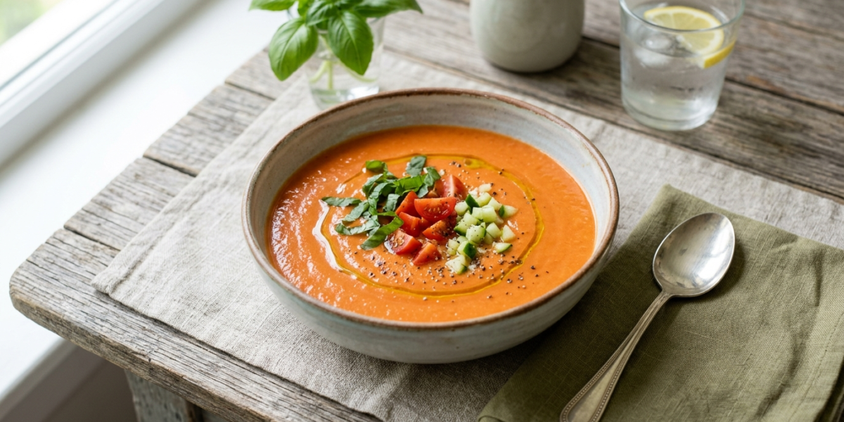 Velouté froid de tomate sans lactose, léger et rafraîchissant