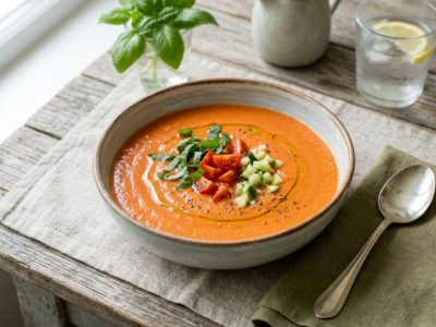 Velouté froid de tomate sans lactose, léger et rafraîchissant