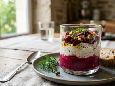 Verrine de betterave et chèvre frais sans œuf
