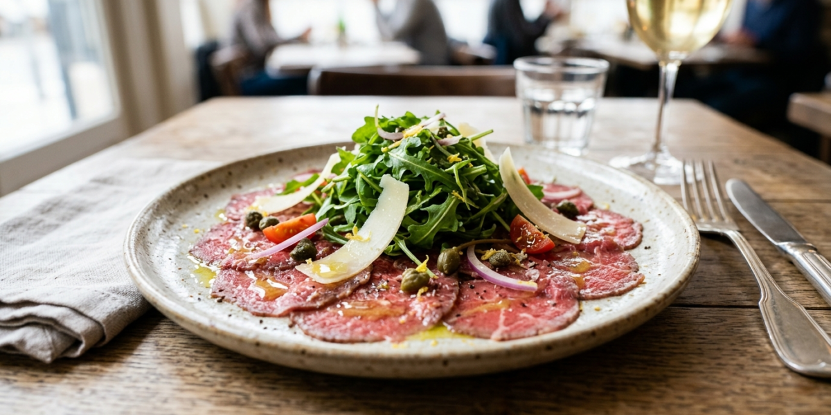Carpaccio de boeuf sans gluten, sauce citronnée et roquette