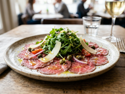 Carpaccio de boeuf sans gluten, sauce citronnée et roquette