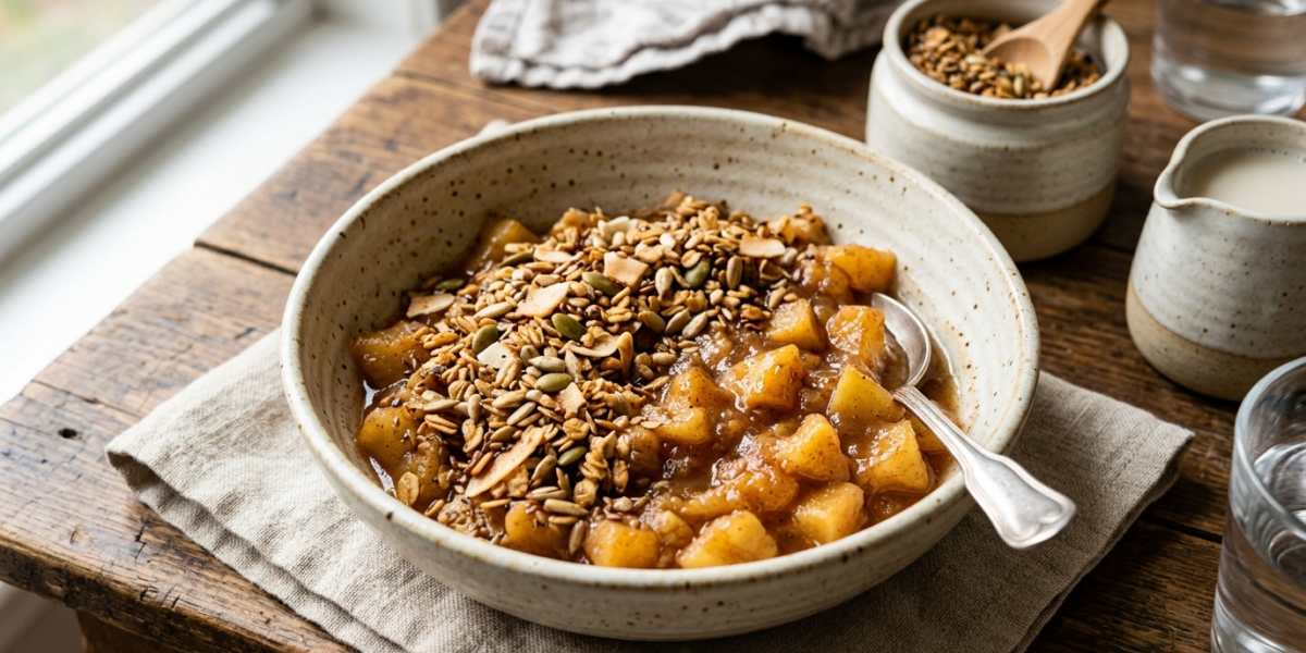 Compote de pommes maison accompagnée de granola sans gluten ni fruits à coque