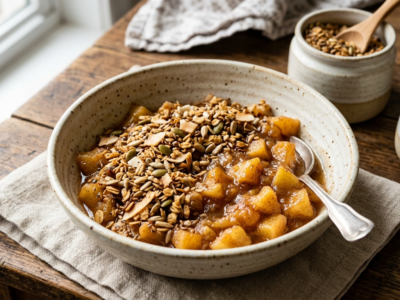 Compote de pommes maison accompagnée de granola sans gluten ni fruits à coque
