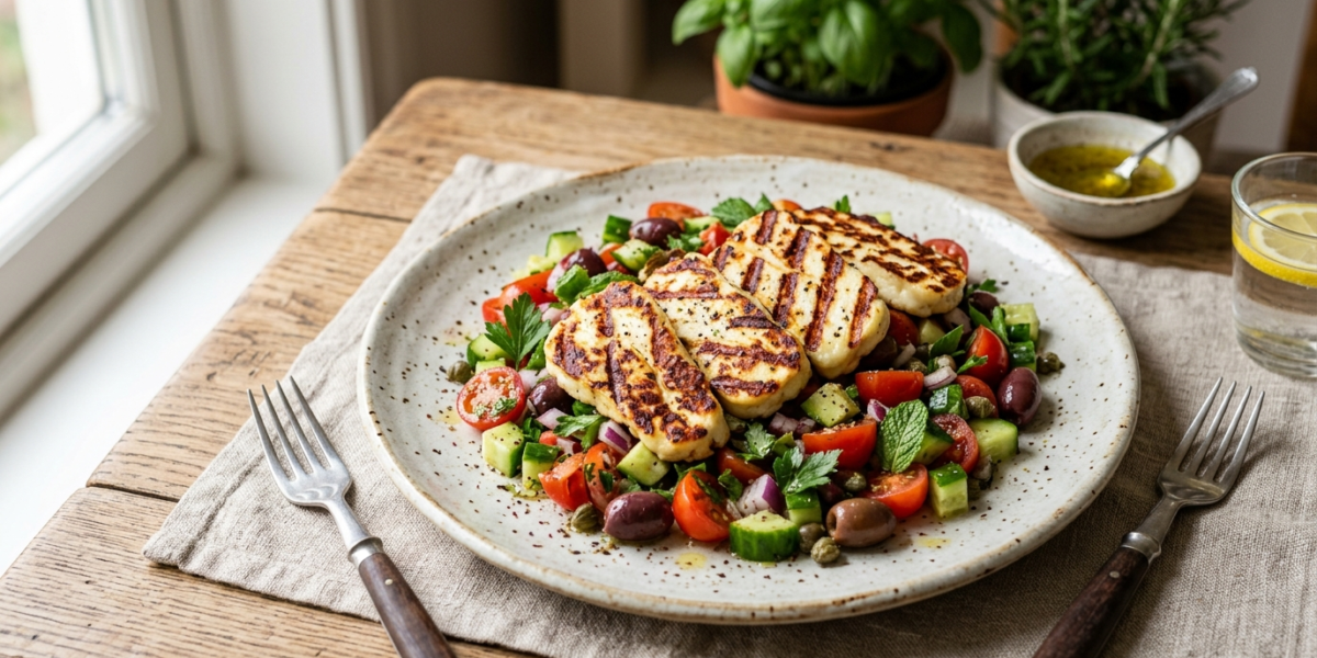 Halloumi grillé sans lactose avec salade méditerranéenne