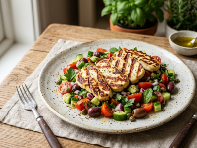 Halloumi grillé sans lactose avec salade méditerranéenne