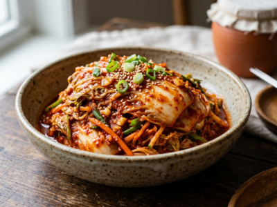 Kimchi traditionnel sans soja, fermenté et épicé