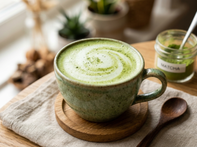 Matcha Latte sans lactose, boisson verte onctueuse et énergisante