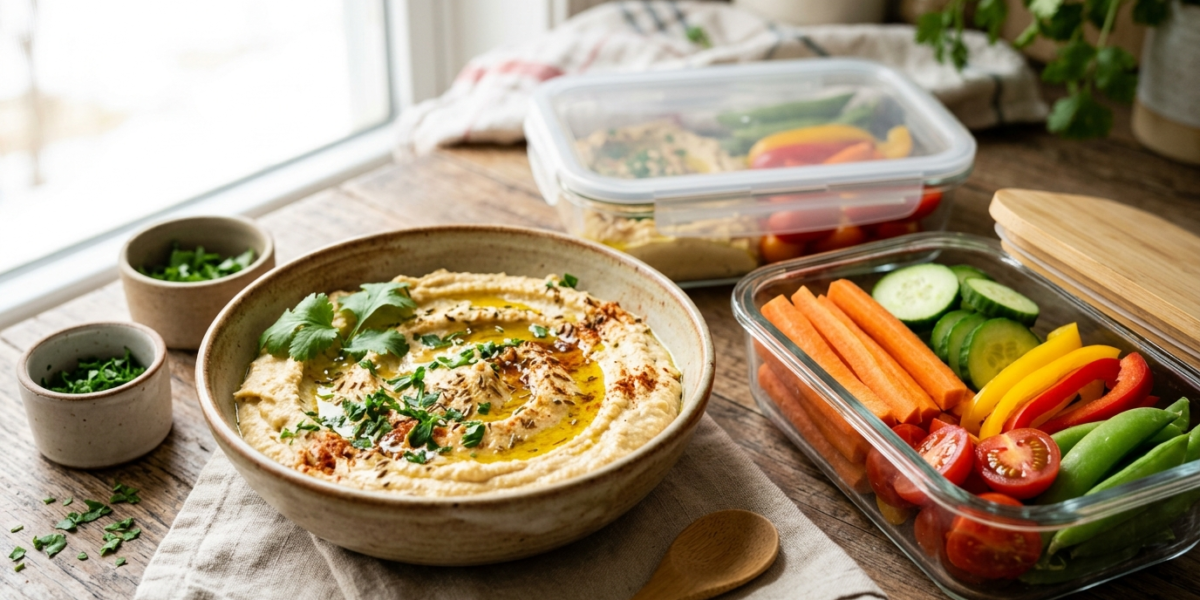 Meal prep houmous aux légumes frais sans sésame