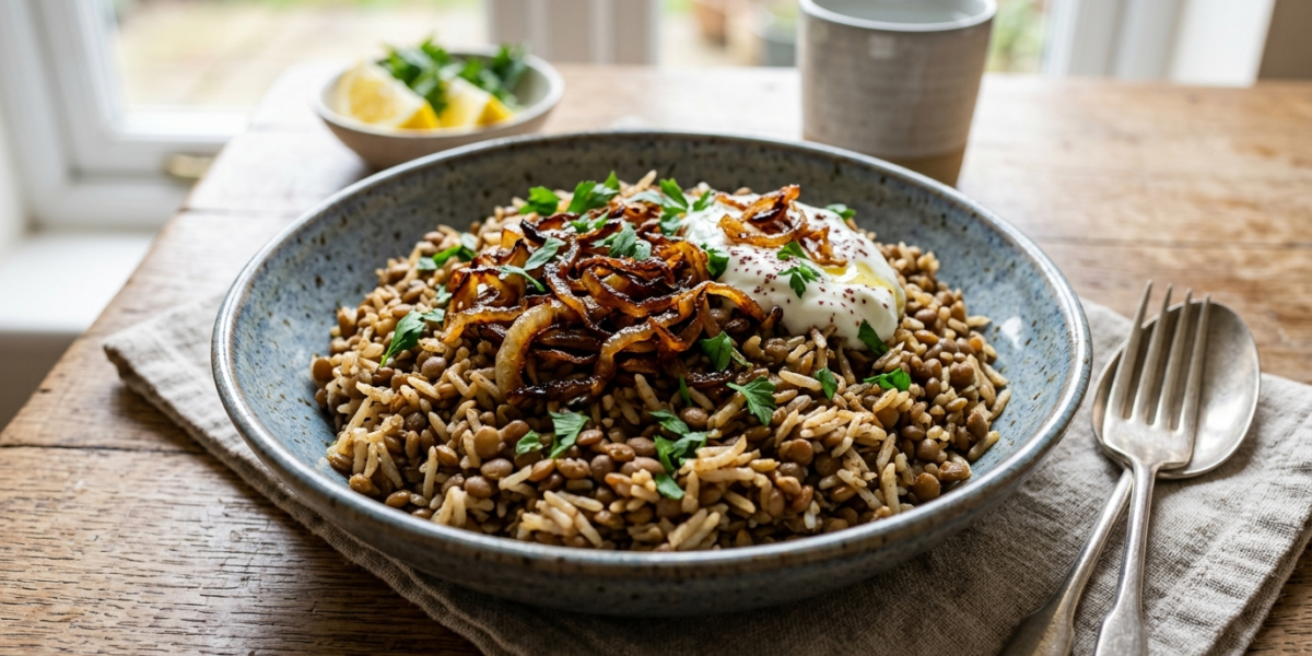 Mujaddara sans gluten : lentilles, riz et oignons caramélisés