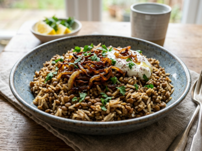 Mujaddara sans gluten : lentilles, riz et oignons caramélisés