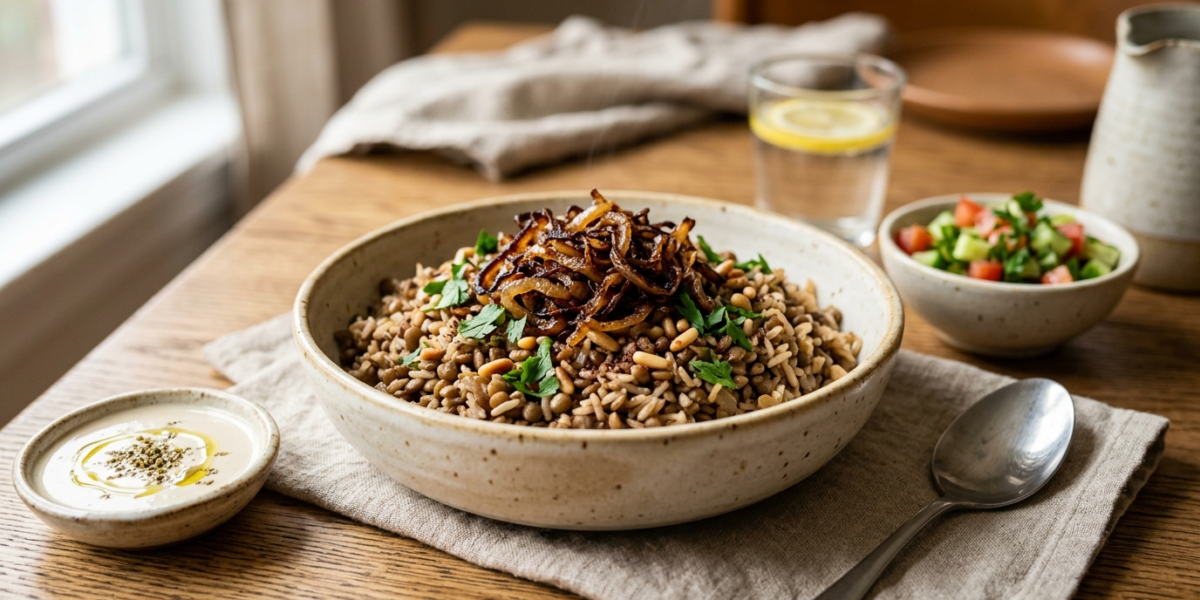 Mujaddara sans lactose : Lentilles et riz aux oignons caramélisés