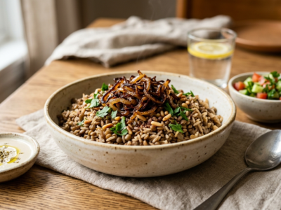 Mujaddara sans lactose : Lentilles et riz aux oignons caramélisés