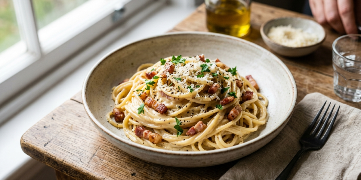 Pâtes Carbonara sans gluten et sans lactose au Thermomix