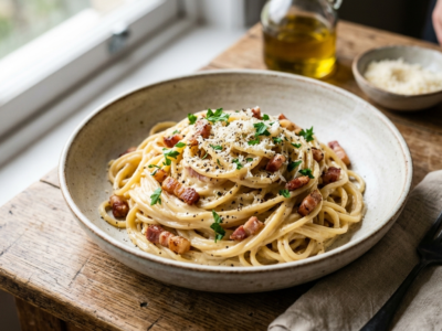 Pâtes Carbonara sans gluten et sans lactose au Thermomix