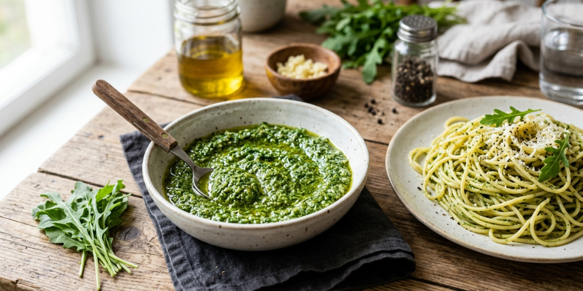 Pesto de roquette sans fruits à coque et sans lactose
