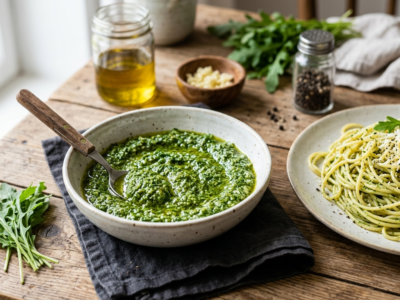 Pesto de roquette sans fruits à coque et sans lactose
