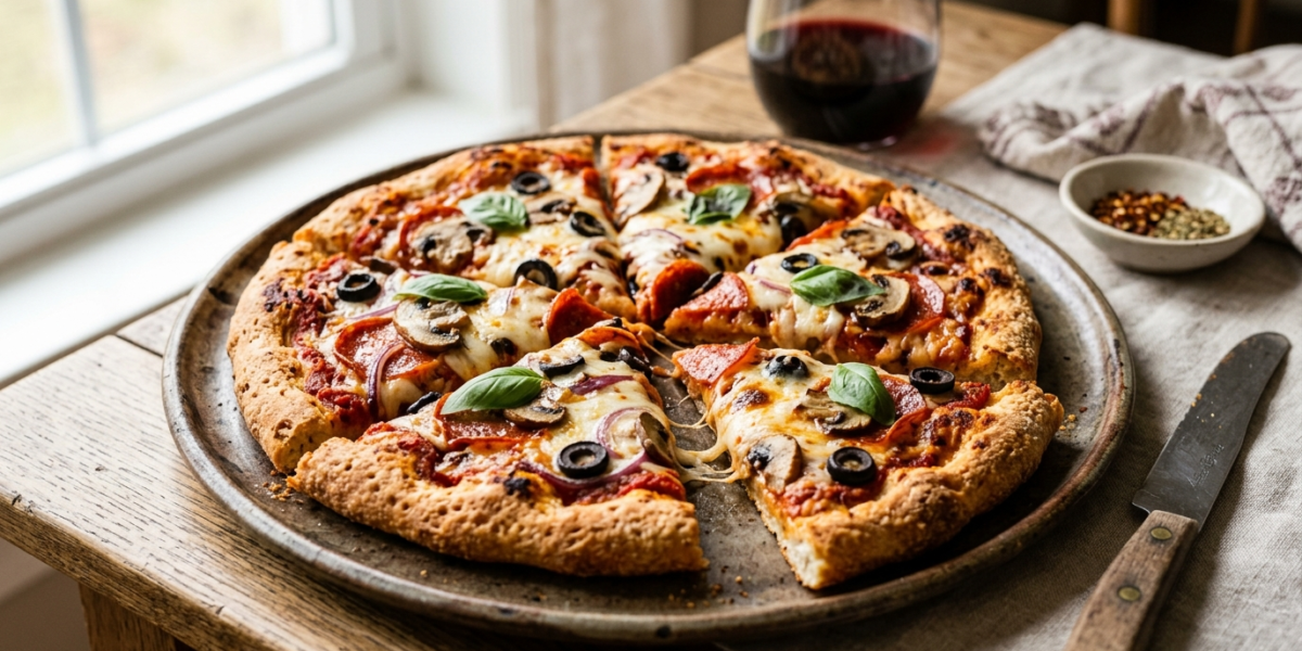 Pizza avec pâte sans gluten réalisée à la machine à pain