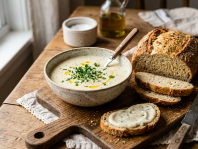 Sauce blanche sans lactose et sans gluten pour accompagner un pain sans gluten