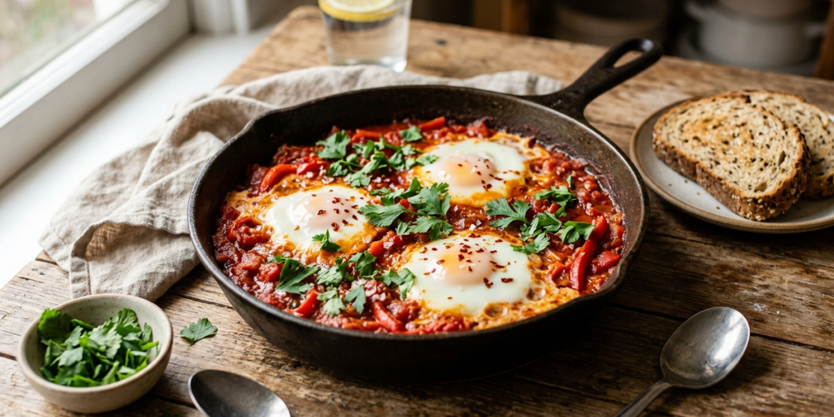Shakshuka sans gluten : œufs pochés dans une sauce tomate épicée