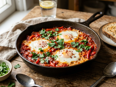 Shakshuka sans gluten : œufs pochés dans une sauce tomate épicée