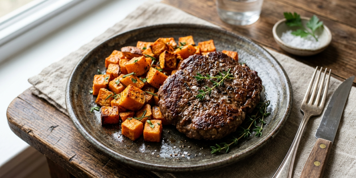 Steak haché accompagné de patate douce rôtie – Recette Whole30 sans gluten