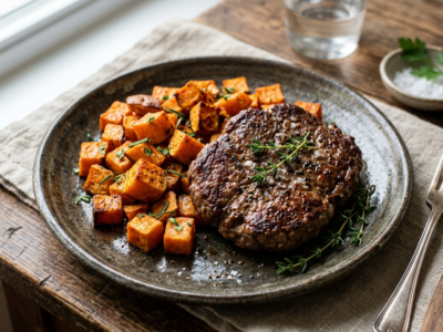 Steak haché accompagné de patate douce rôtie – Recette Whole30 sans gluten