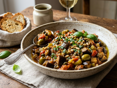 Caponata sicilienne sans gluten : salade d&rsquo;aubergines traditionnelle