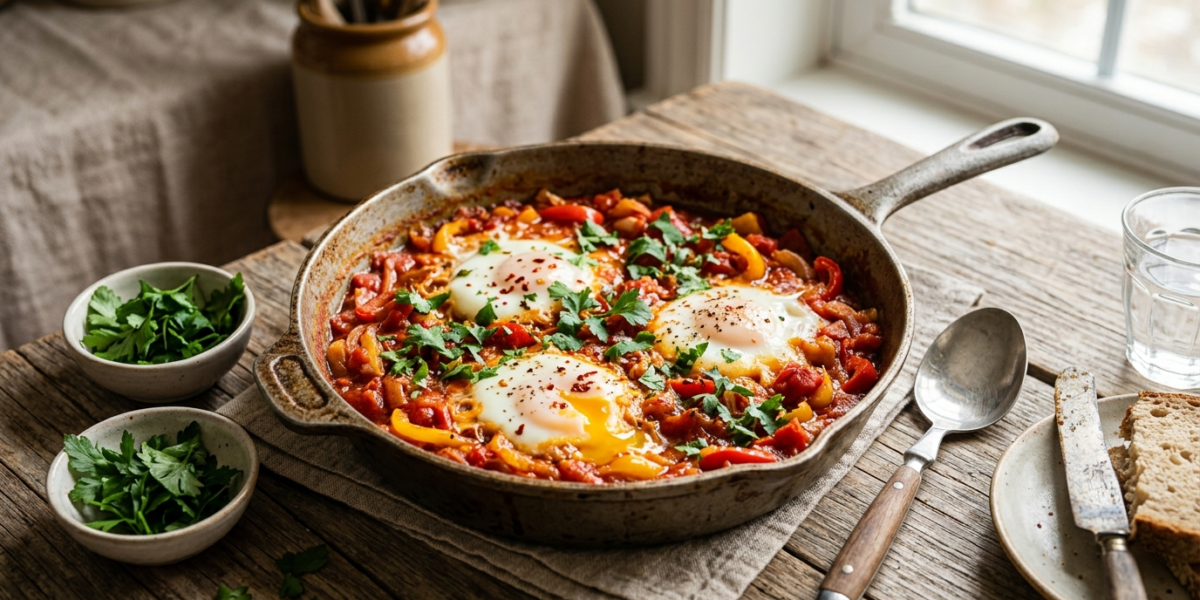 Chakchouka sans gluten, mijotée de légumes et œufs épicés